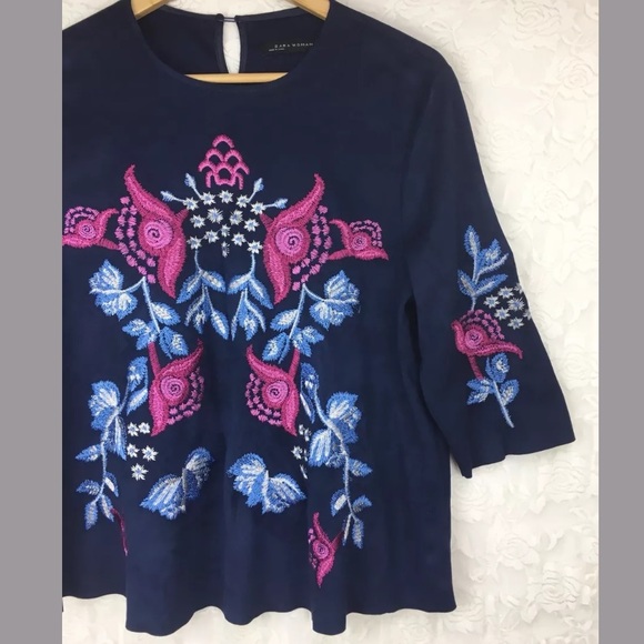Zara woman Faux Suede Embroidered Floral Blouse - Picture 3 of 8
